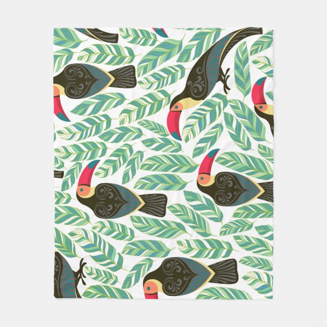 Manta Polar Toucans, hojas tropicales, patrón decorativo. (Anverso)
