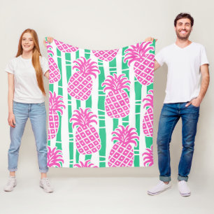 Manta Polar Trazos de bambú de piña Patrón rosa y verde