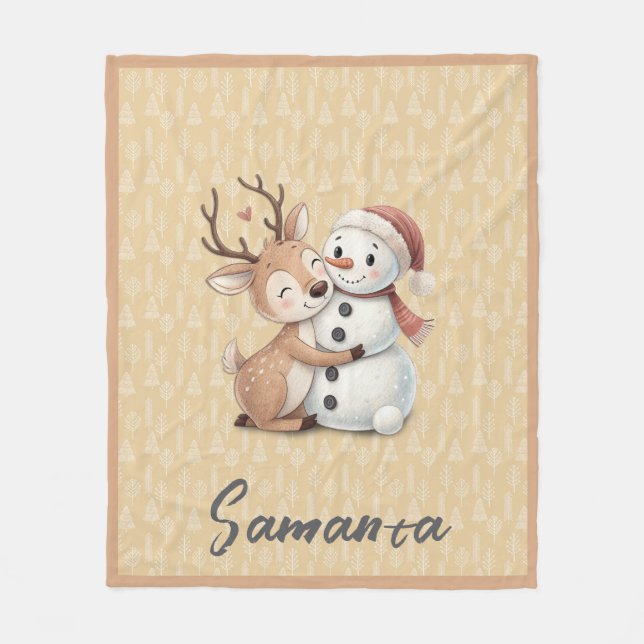 Manta Polar Tree pattern reindeer snowman orange beige name (Anverso)