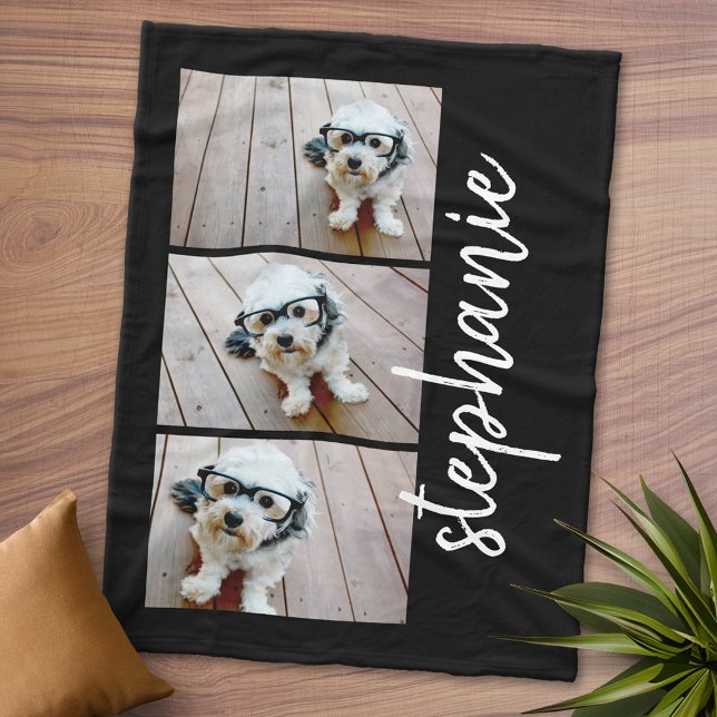 Manta Polar Trendy 3 Fotos nombre de escritura moderno en blan (Personalized Fleece Blanket - Add Photos and Text or Customize completely in advanced design area)