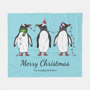 Manta Polar Tres pingüinos navideños festivos con texto person