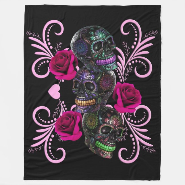 Manta Polar Triple Black Día de los Muertos Calaveras Rosas (Anverso)