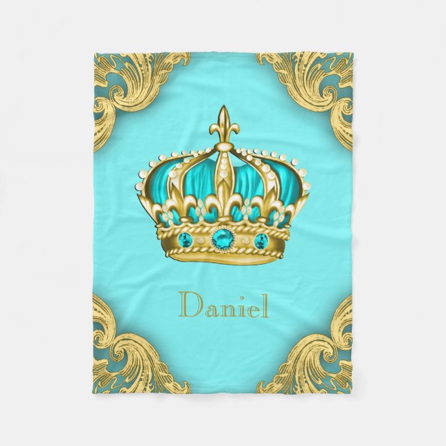 Manta Polar Turquesa Azul Teal Oro Corona Príncipe Bebé (Anverso)