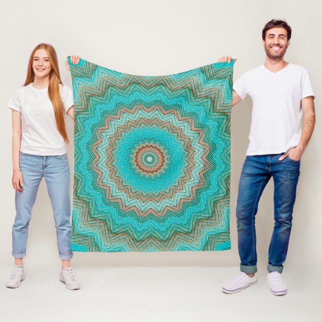Manta Polar Turquesa, beige y circular. Mandala. (In situ)