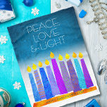 Manta Polar Turquoise Hanukkah Velas Peace Love Light Modern<br><div class="desc">"Paz, amor y luz". Un ilustracion juguetón, moderno y artístico de velas de patrón boho en una menorah te ayuda a iniciar las vacaciones de Hanukkah. Las velas azules variadas con motivos de Relieve metalizado falsos coloridos superponen un gradiente turquesa al fondo texturado blanco. Sienta el calor y la alegría...</div>
