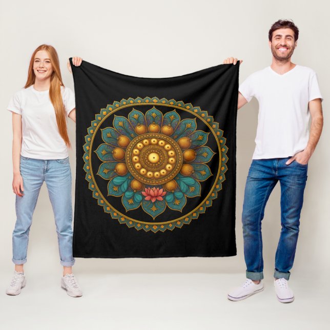 Manta Polar Turquoise Lotus Mandala - Black Boho Graphic Art (In situ)