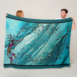Manta Polar Turquoise Music Notes Kokopelli Fleece Blanket