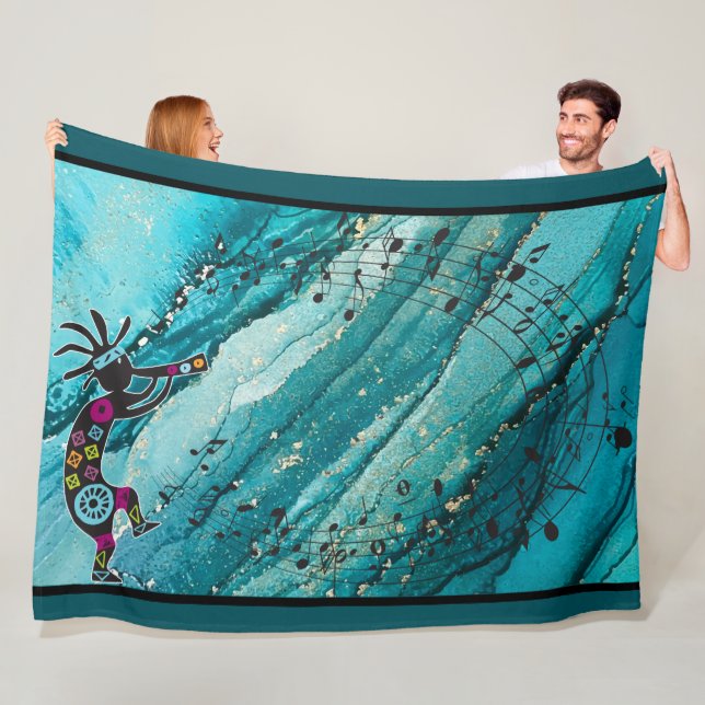 Manta Polar Turquoise Music Notes Kokopelli Fleece Blanket (In situ)