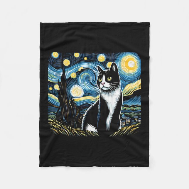 Manta Polar Tuxedo Cat Starry Night Pintura Tuxedo Cat Dueño (Anverso)