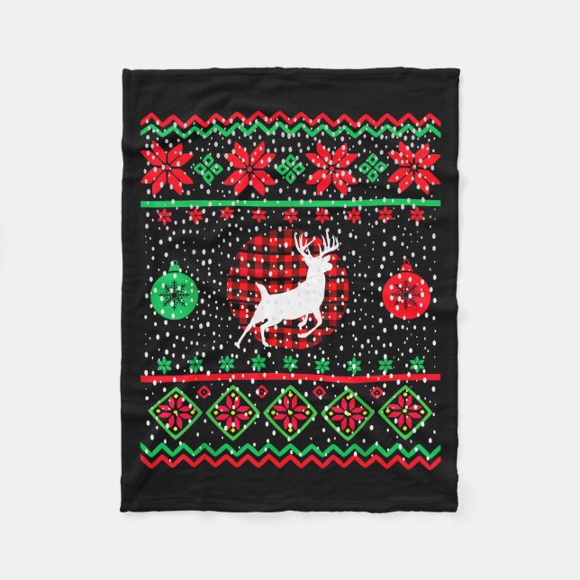 Manta Polar Ugly Christmas Sweater Design Plaid Reindeer  (Anverso)