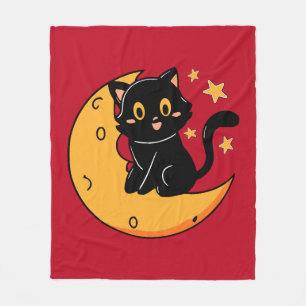 Manta Polar Un gato negro lindo sentado en la luna