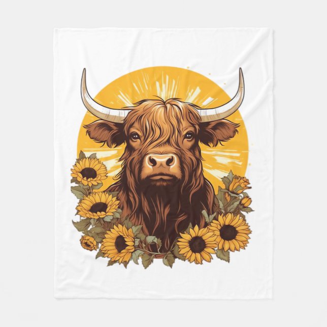Manta Polar Un Ilustracion de vaca de Highland con Sunflowers  (Anverso)