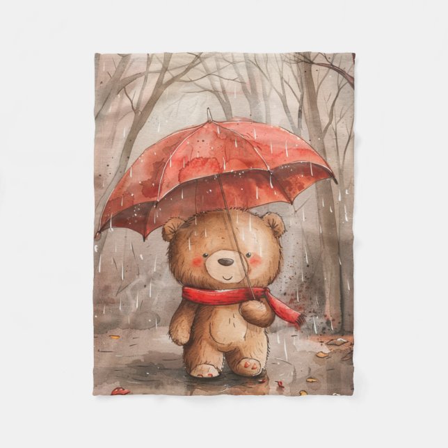 Manta Polar Un oso de peluche lindo en la lluvia (Anverso)