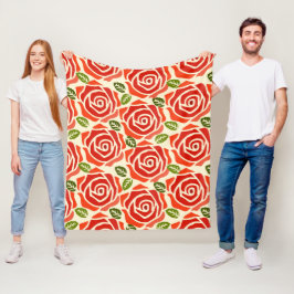 Manta Polar Un patrón de grandes rosas de moda roja verde y bl