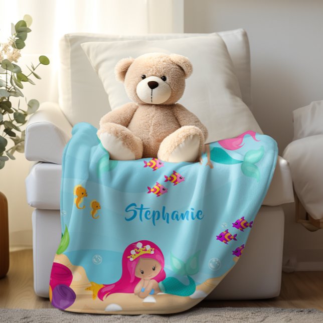 Manta Polar Una sirena pequeña y personalizada Girly bajo el m (Cute Mermaid Personalized Girly Under the Sea Fleece Blanket)