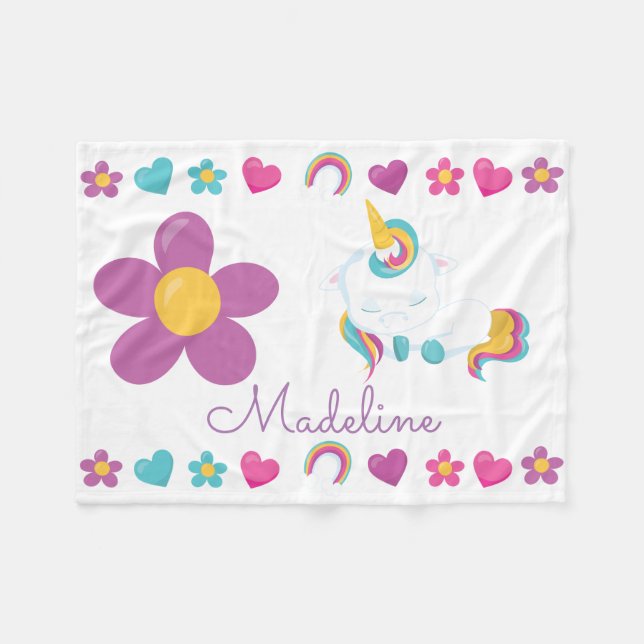Manta Polar Unicornio, bebé con duelo floral personalizado (Frente (Horizontal))