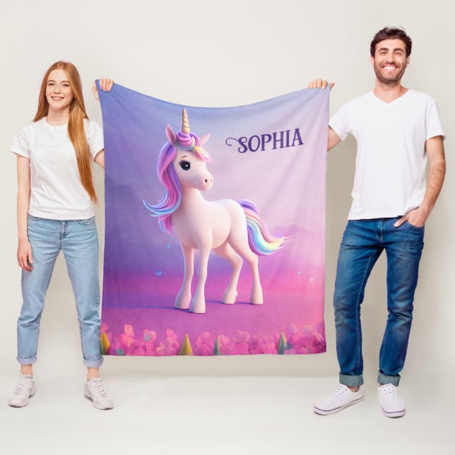 Manta Polar Unicornio blanco lindo con forma rosa y azul (In situ)