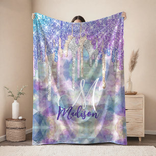 Manta Polar Unicornio chic azul acuático que gotea monograma d