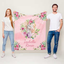 Manta Polar Unicornio floral personalizado de la acuarela