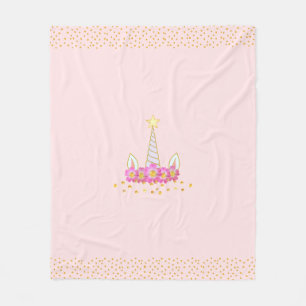 Manta Polar Unicornio, flores y confeti dorado sobre rosa clar