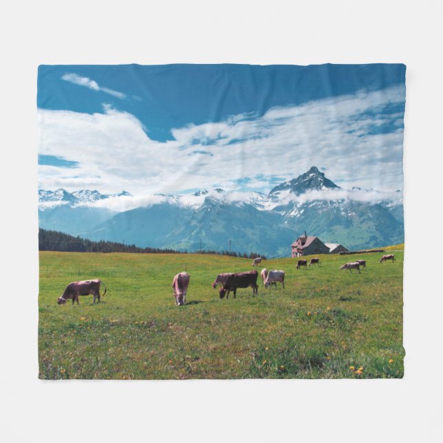 Manta Polar Vacas felices en la granja en Suiza (Frente (Horizontal))