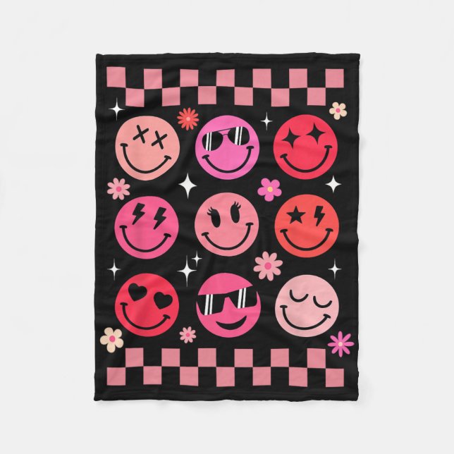 Manta Polar Valentine Retro Groovy Pink Happy Face  (Anverso)