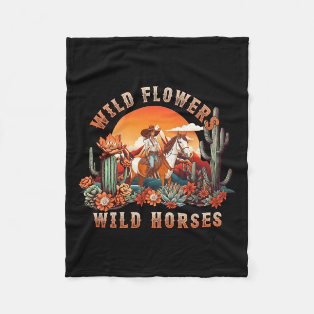 Manta Polar Vaquera al atardecer montando flores silvestres de (Anverso)