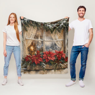 Manta Polar Ventana de Navidad con Poinsettia Nevada
