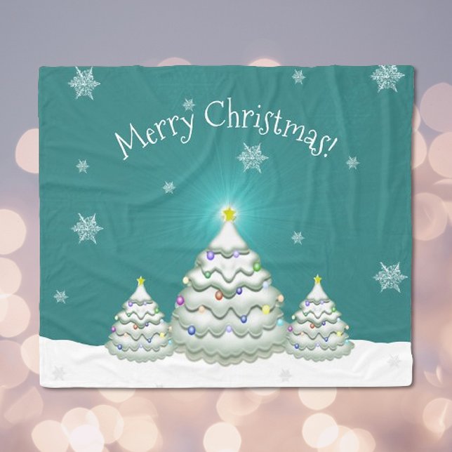 Manta Polar Verde azulada capa de árbol de Navidad nevado (Teal Christmas Tree Fleece Blanket)