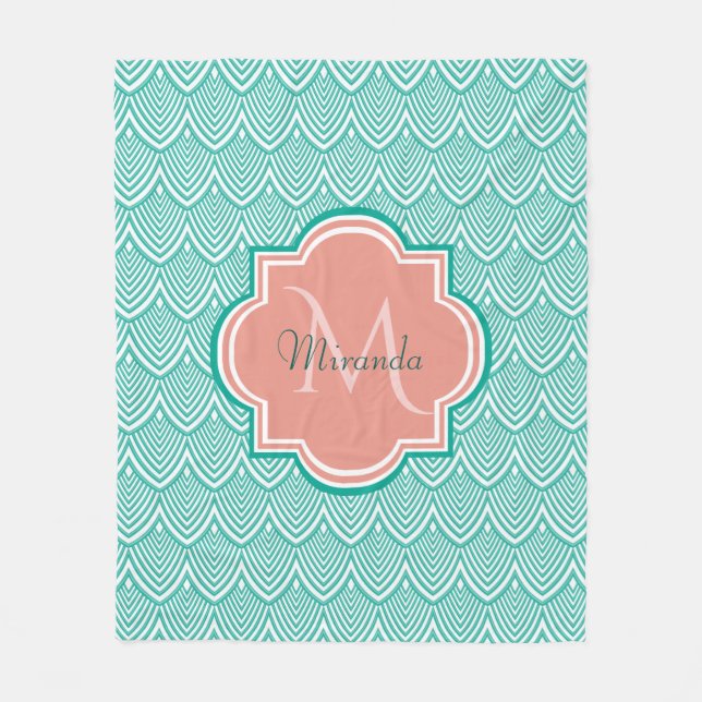 Manta Polar Verde azulado Art Decó Escalas de peces Monograma  (Anverso)