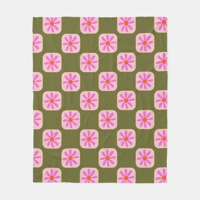 Manta Polar Verde Oliva Rosa Retro Daisy Cuadros Groovy (Anverso)