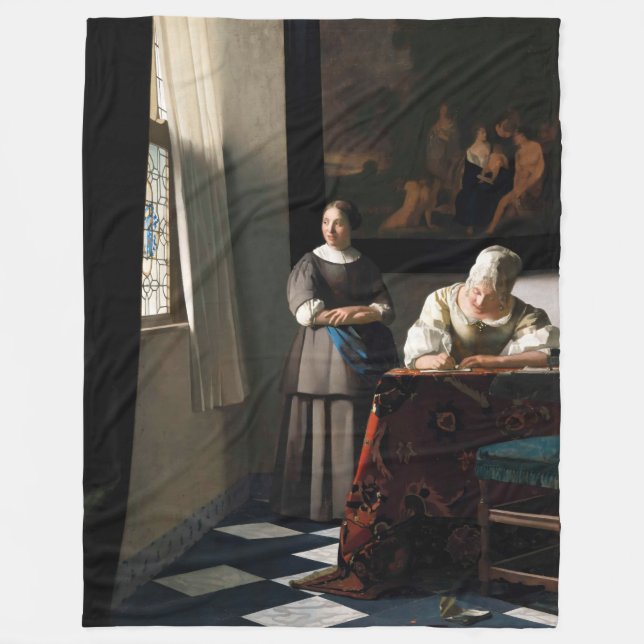 Manta Polar Vermeer - Dama escribiendo una carta con su emplea (Anverso)