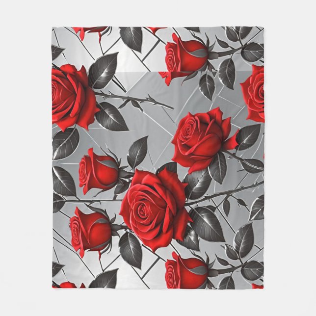 Manta Polar Vibrant Red Roses On A Metallic Silver Background  (Anverso)
