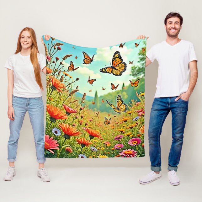 Manta Polar Vibrante diseño de mariposa de flores silvestres (In situ)