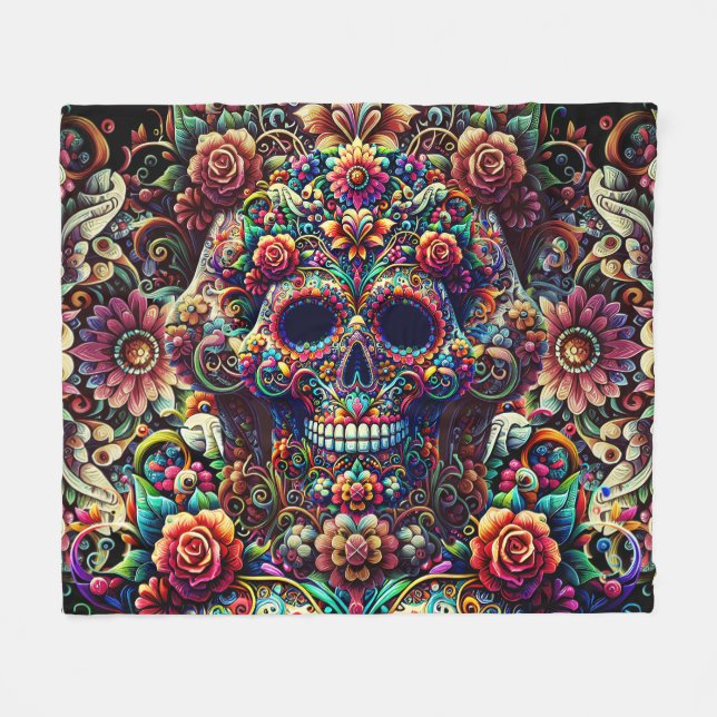 Manta Polar Vibrante Floral Super Sugar Skull (Frente (Horizontal))