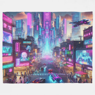 Manta Polar Vibrante Neon Cyberpunk Cityscape Fantasy
