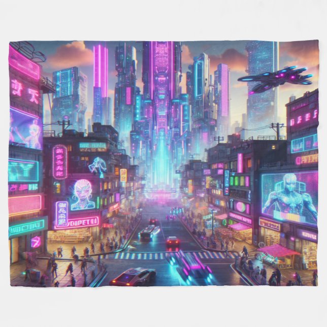Manta Polar Vibrante Neon Cyberpunk Cityscape Fantasy | (Frente (Horizontal))