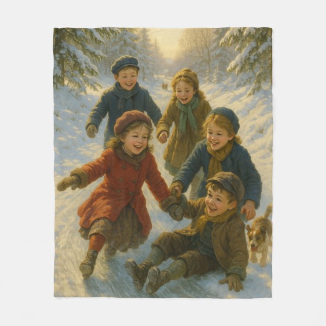 Manta Polar Victorian Christmas Blanket – Kids Playing in Snow (Anverso)