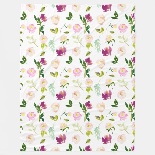 Manta Polar Vino de Borgoña y acuarela rosa floral (Anverso)