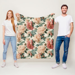 Manta Polar Vintage Blush Peony Cream Floral Pattern