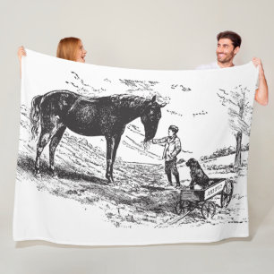 Manta Polar Vintage Boy Horse Dog Grabando Arte