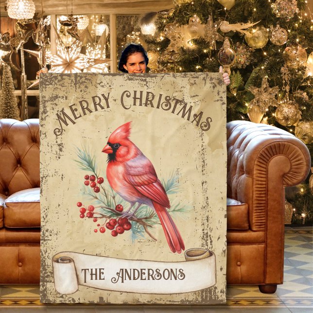 Manta Polar Vintage Cardenal Rojo Feliz Navidad (Subido por el creador)