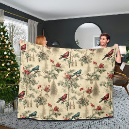 Manta Polar Vintage Christmas Blue Jay Red Mockingbird