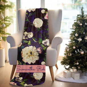 Manta Polar Vintage Elegante florido flores rosadas monograma