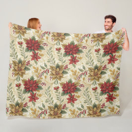 Manta Polar Vintage Elegante Red & Gold Poinsettia Floral