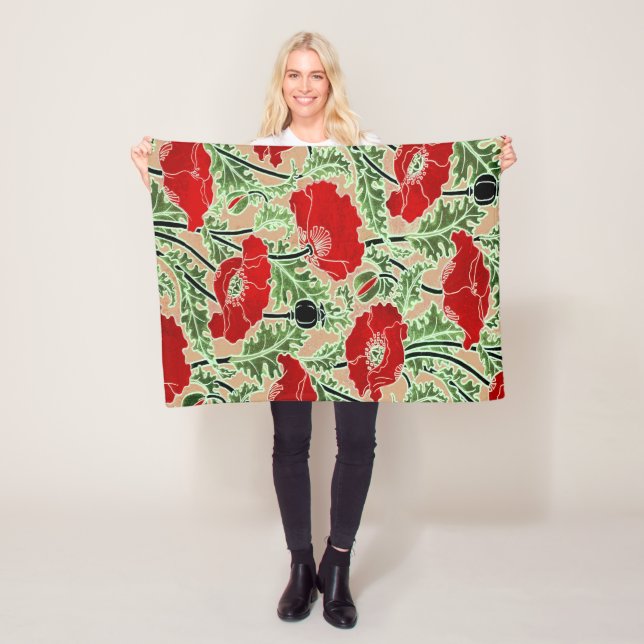 Manta Polar Vintage Red Poppy Fleece Blanket (In situ)