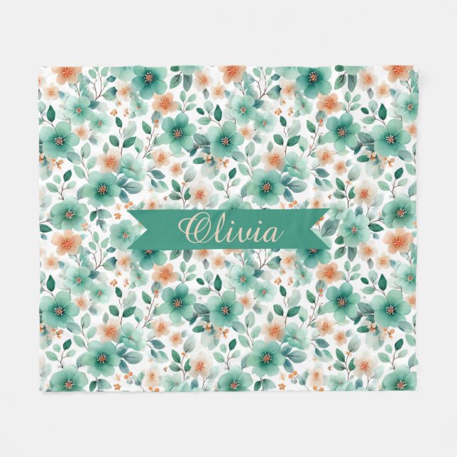 Manta Polar Vintage Spring Green Floral Personalized (Frente (Horizontal))