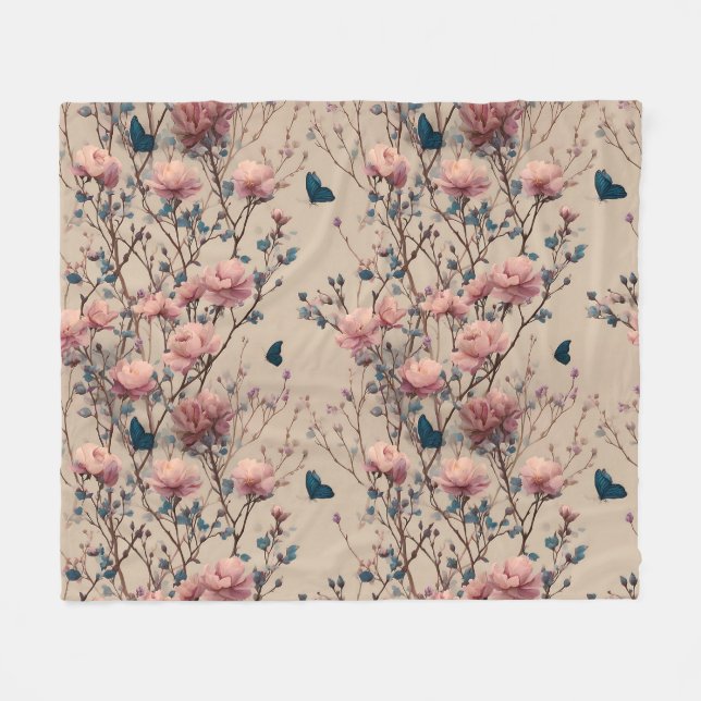 Manta Polar Vintage Spring Roses with Blue Butterflies (Frente (Horizontal))