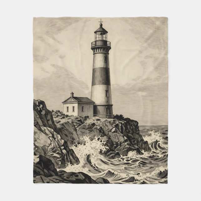 Manta Polar Vintage Striped Lighthouse Stormy Coast  (Anverso)