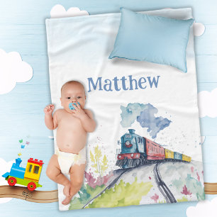 Manta Polar Vintage Train Watercolor Boy Nombre Flaca